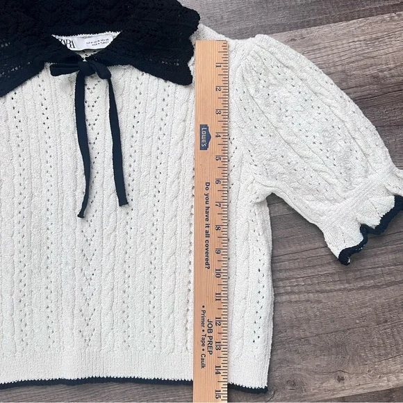 Zara Women’s  Short-Sleeve Collar Plain Contrast Trim Pointelle Knit Crop Size M - Picture 4 of 7